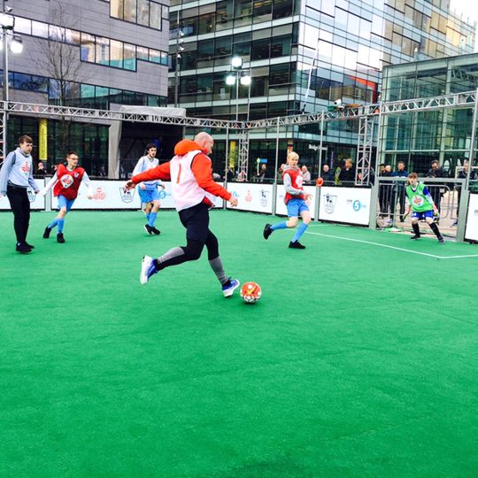 Alan Shearer shoots at BBC Sport Relief 24hr football match.